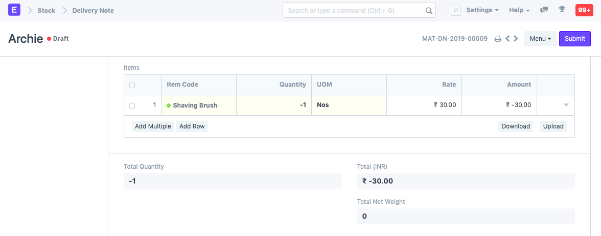 Return Against Delivery Note